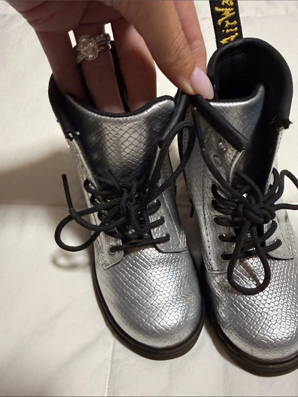 Dr. Martens Silver Snake-Embossed Kids Lace-Up Boots